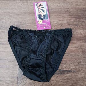 New Vintage Van Dale String Bikini Nylon Lace Black Panties Size 6 Underwear